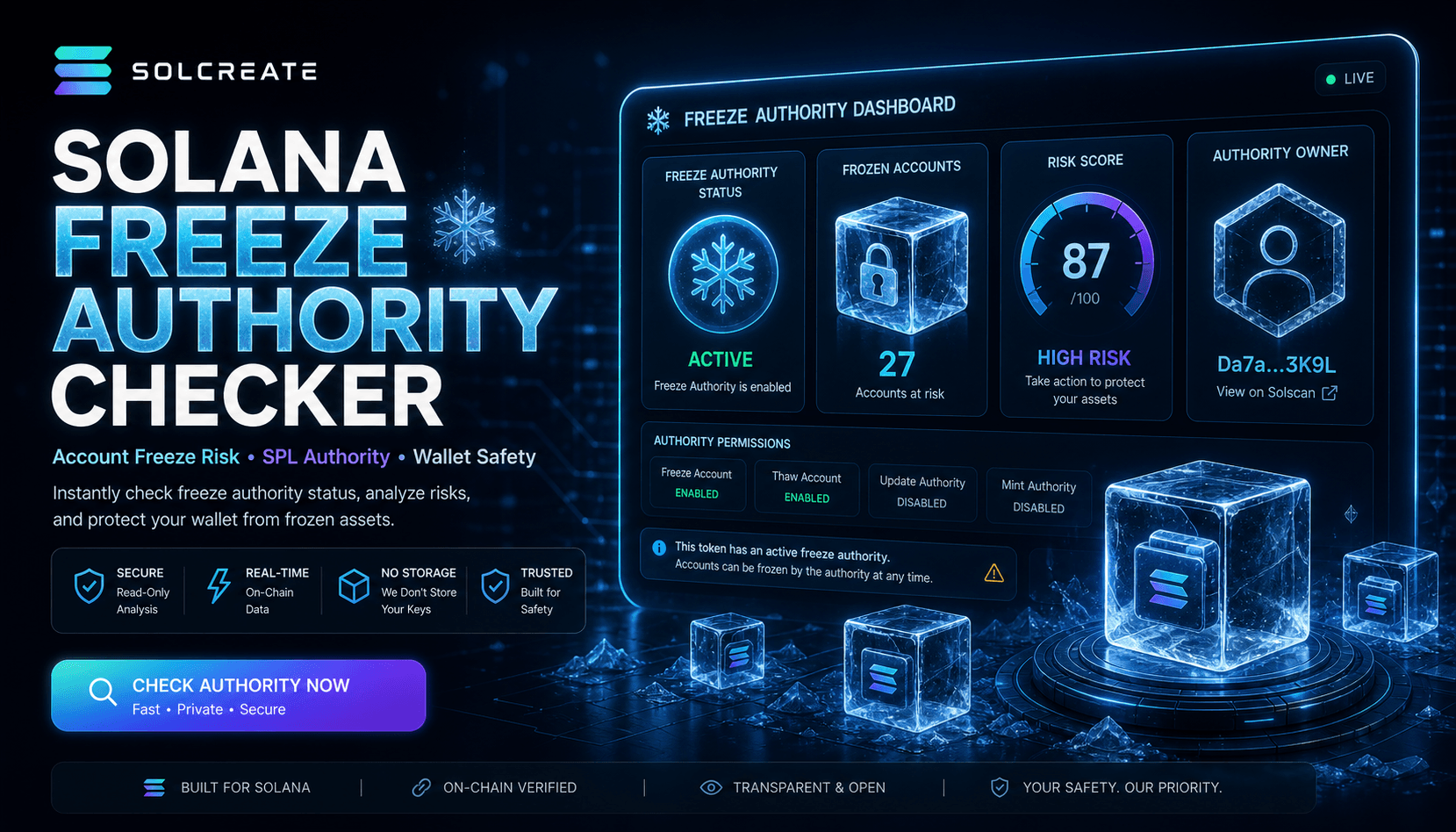 Solana freeze authority checker dashboard showing SPL account freeze risk and wallet safety signals