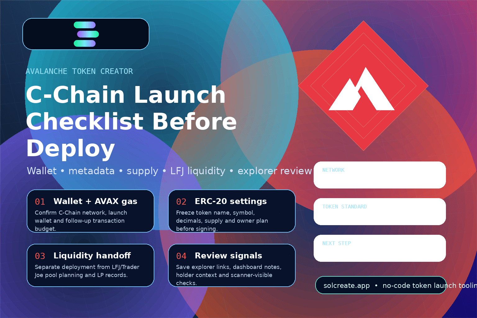 SolCreate blog hero for an Avalanche token creator launch checklist with C-Chain wallet setup, ERC-20 settings, metadata, liquidity planning and review panels