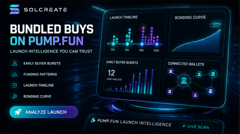 SolCreate Pump.fun Token Scanner hero image Pump.fun token scanner dashboard showing early buyers, holder clusters and liquidity signals