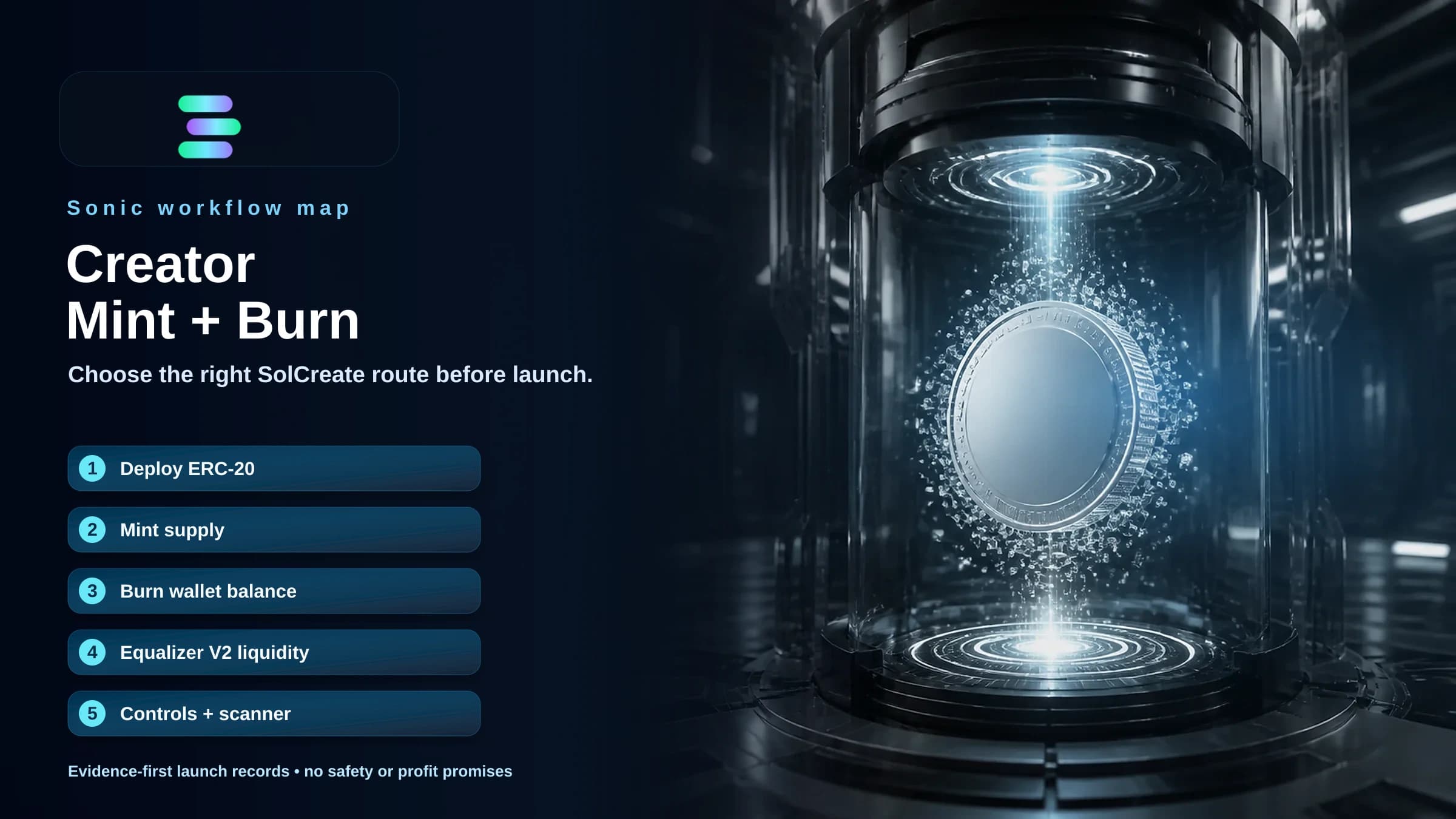 SolCreate Sonic route map hero showing ERC-20 creator, Equalizer liquidity, mint, burn and scanner review panels