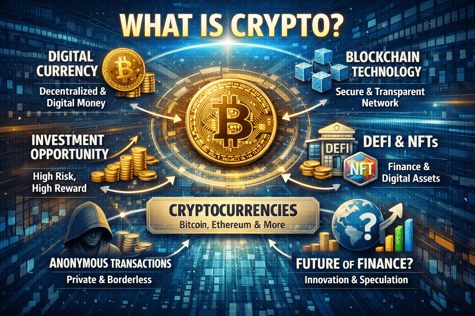 What is crypto beginner guide with Bitcoin, Ethereum and blockchain visuals